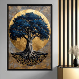 Golden Halo Blue Tree of Life - NicheCanvas