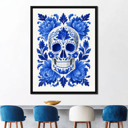 Blue Floral Sugar Skull Folkstyle - NicheCanvas