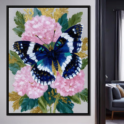 Blue Monarch on Pink Blossoms - NicheCanvas