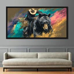 Cowboy Riding Wild Bear - NicheCanvas