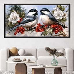 Two Chickadees Upon The Holly Branch - NicheCanvas