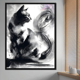 Sumi Ink Cat Reflecting Shadow - NicheCanvas