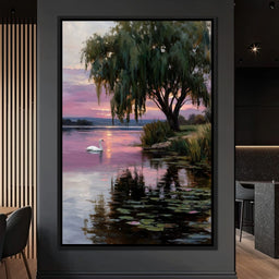 Swan Lake Sunset Willow Tree - NicheCanvas