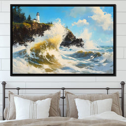 Towering Waves Against Lighthouse - NicheCanvas