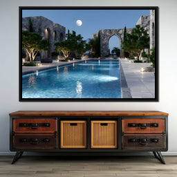 Moonlit Stone Courtyard Pool - NicheCanvas
