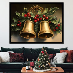 Golden Christmas Bells and Holly - NicheCanvas