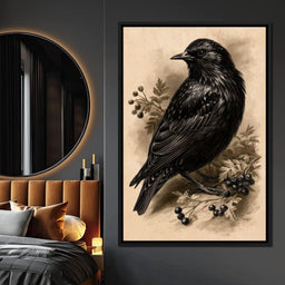 Solitary Starling Perched Upon Hawthorn Branch - NicheCanvas