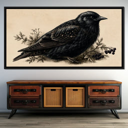Solitary Starling Perched Upon Wild Berries - NicheCanvas