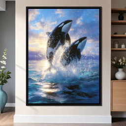 Breaching Orcas Dawn Ocean Dance - NicheCanvas