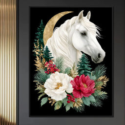 Moonlit Floral Gold White Horse - NicheCanvas