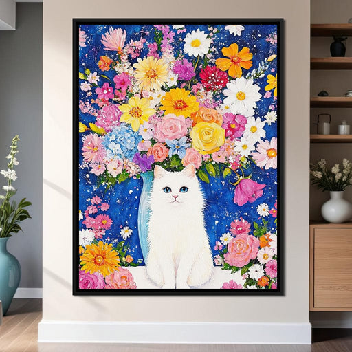 Floral Symphony With Feline Canvas Print