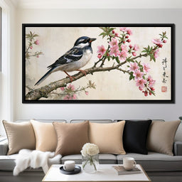 Small Bird Perched Upon Pink Petals - NicheCanvas
