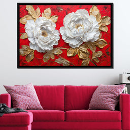 Golden Petals on Ruby Waves - NicheCanvas