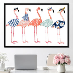 Four Stylish Flamingos on Summer Vacation - NicheCanvas