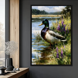 Solitary Mallard By The Still Shore - NicheCanvas