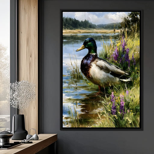 Solitary Mallard By The Still Shore Canvas Print