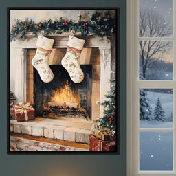 Christmas Gift Socks by the Fireplace - NicheCanvas