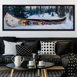 Painted Canoe Among Winter Pines - NicheCanvas