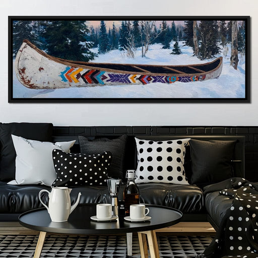 Painted Canoe Among Winter Pines Canvas Print