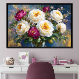 Golden Peonies on Blue Background - NicheCanvas