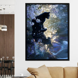 Black Cat Blossom Reflection - NicheCanvas