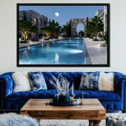 Moonlit Stone Courtyard Pool - NicheCanvas