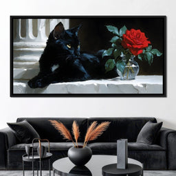 Black Cat and Red Rose - NicheCanvas