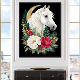 Moonlit Floral Gold White Horse - NicheCanvas