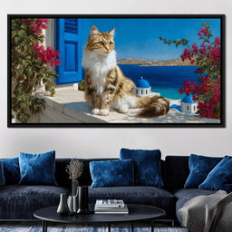 Cycladic Feline Sunlit Terrace - NicheCanvas