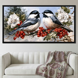 Two Chickadees Upon The Holly Branch - NicheCanvas
