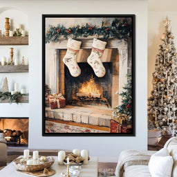 Christmas Gift Socks by the Fireplace - NicheCanvas