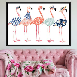 Four Stylish Flamingos on Summer Vacation - NicheCanvas
