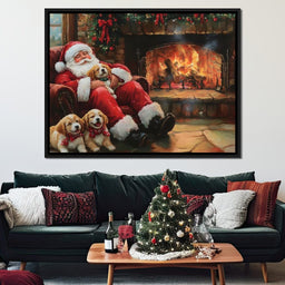Santa Fireside Nap with Puppies - NicheCanvas