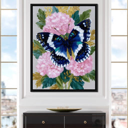 Blue Monarch on Pink Blossoms - NicheCanvas