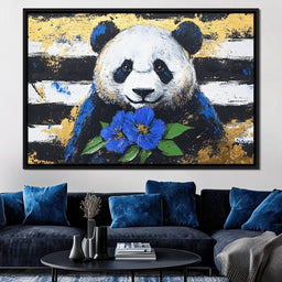 Golden Panda with Indigo Blooms - Alicia Smith - NicheCanvas