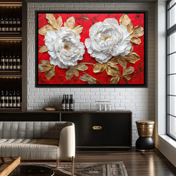 Golden Petals on Ruby Waves - NicheCanvas