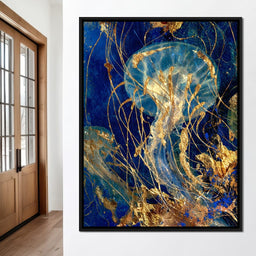 Golden Jellyfish Deep Blue Sea - NicheCanvas