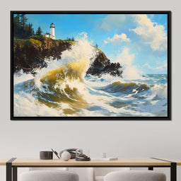 Towering Waves Against Lighthouse - NicheCanvas