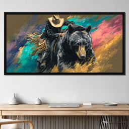 Cowboy Riding Wild Bear - NicheCanvas