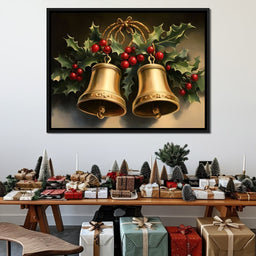 Golden Christmas Bells and Holly - NicheCanvas