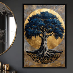 Golden Halo Blue Tree of Life - NicheCanvas