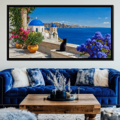 Santorini Blue Domes Cat Escape Canvas Print
