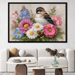 Garden Sparrow and Bumblebee - NicheCanvas