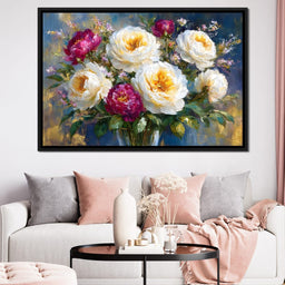 Golden Peonies on Blue Background - NicheCanvas