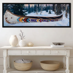 Painted Canoe Among Winter Pines - NicheCanvas