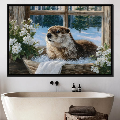 Cozy Otter Winter Bathhouse Canvas Print