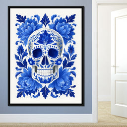Blue Floral Sugar Skull Folkstyle - NicheCanvas