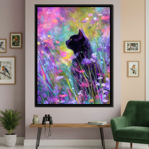 Midnight Feline Among Wildflowers Canvas Print
