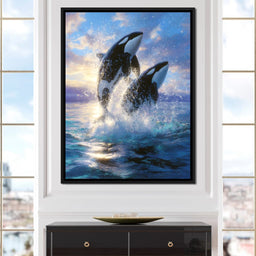 Breaching Orcas Dawn Ocean Dance - NicheCanvas