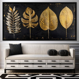 Golden Leaves on Black Background - NicheCanvas